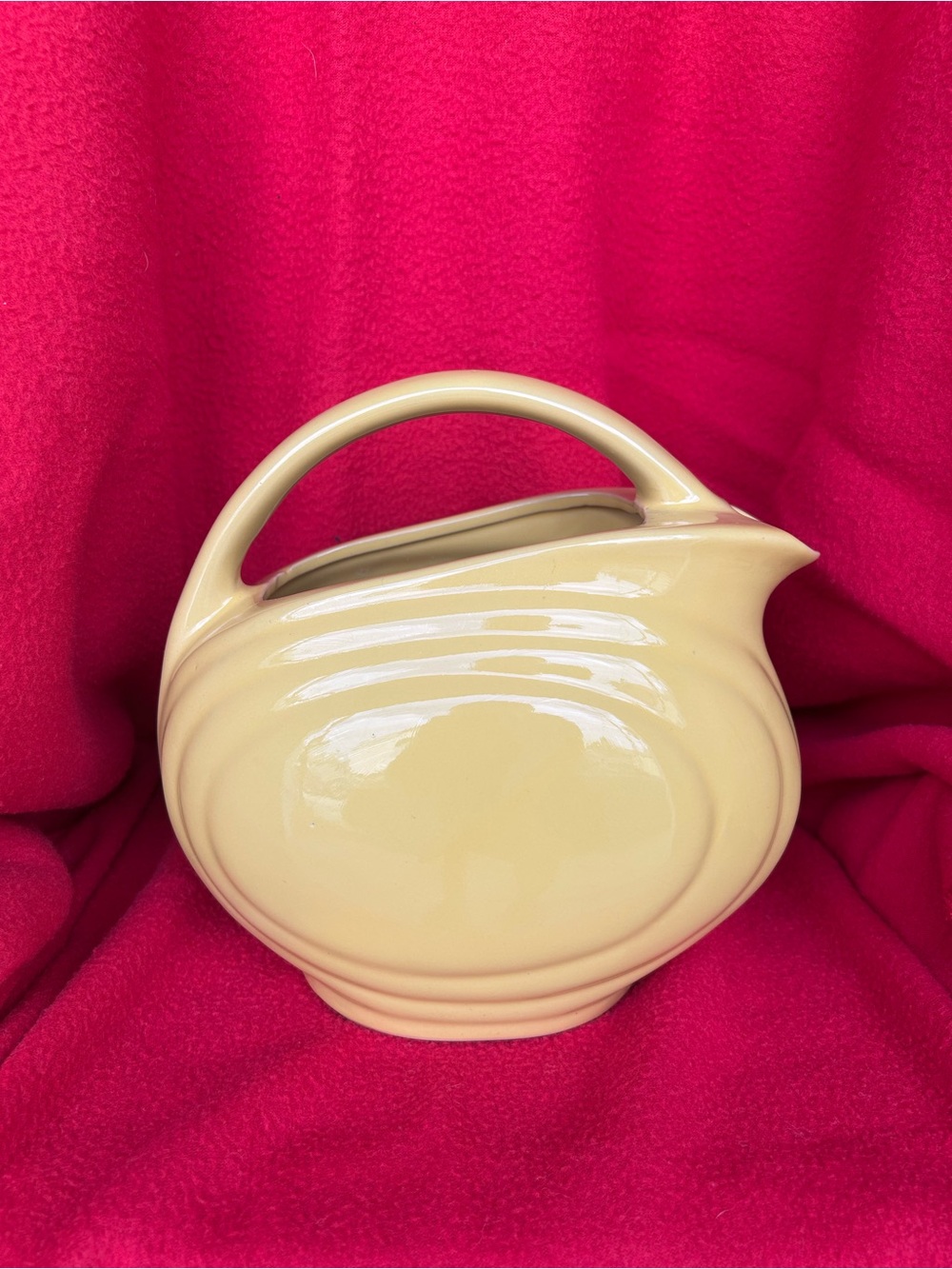 Vintage Over And Back Disk Pitcher Jug Top Handle Yellow Ware Rounded